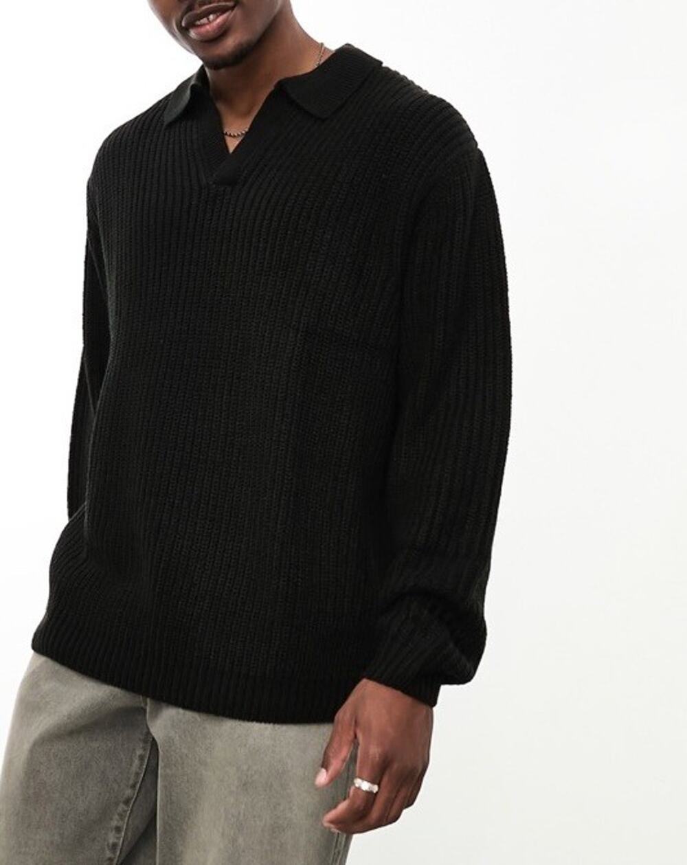 ASOS Oversized- knitted fisherman rib- Sweater : Black Large